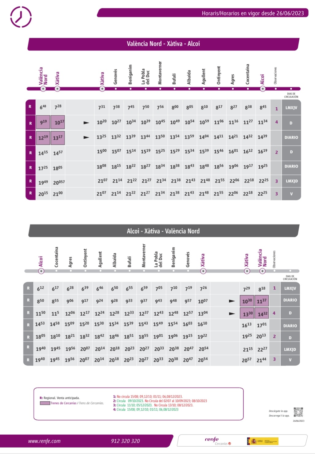 Horarios de tren linea Alcoy - Ontinyent - Xativa - Valencia